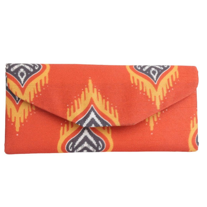 INDHA Eyewear Case | Handcrafted Eyewear Case | Orange Dupion Eyewear Case | Blue and Yellow Flame Design Motif Digitally Printed |