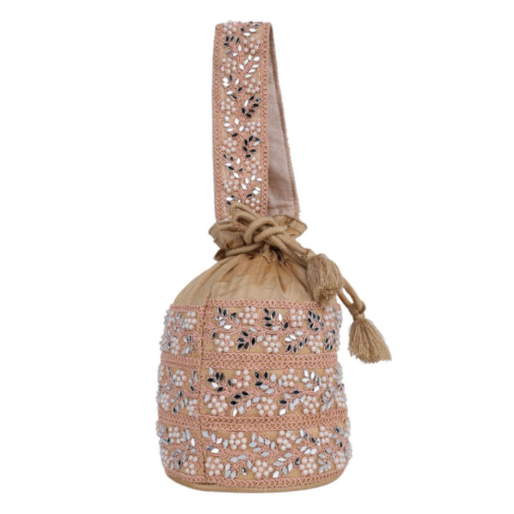 INDHA Handcrafted Potli | Beige Dupion Silk Potli | Chain Stitch Hand Embroidered Floral Design Pattern | Decorative Potli With Beads |