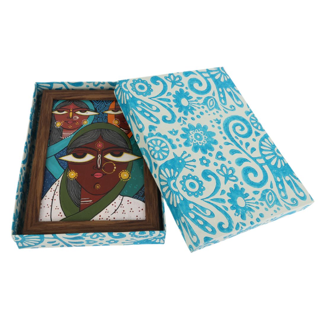 Indha Hand-Painted Abstract Wall Art | Made from Repurposed Tablet &amp; Wood | Sustainable &amp; Framed | Unique Corporate Gift| Three Women Art Acrylic Colours