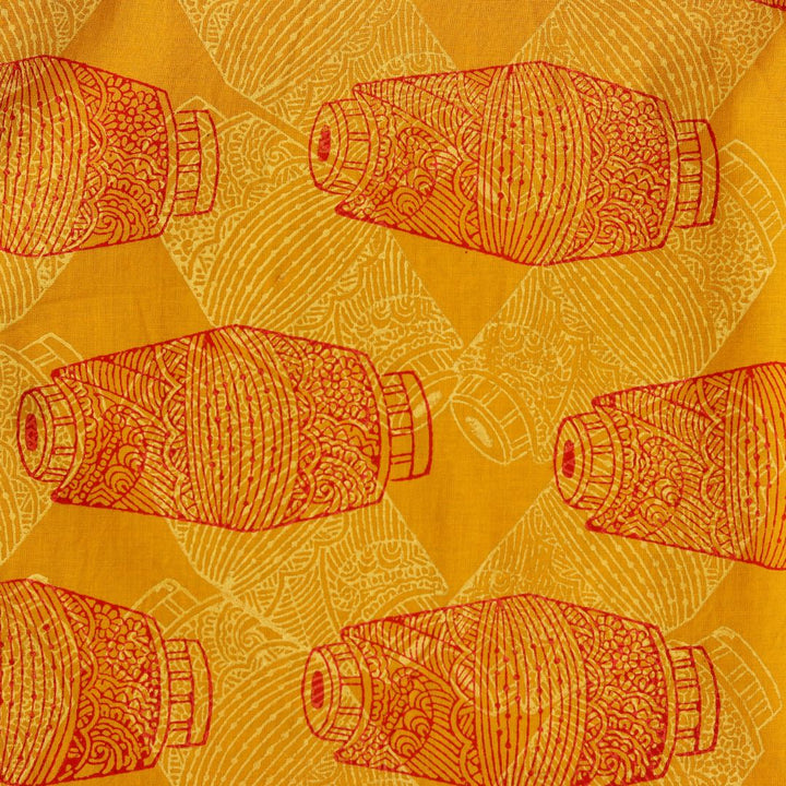 INDHA Yellow Fabric with Red and White Mridang Block Printed