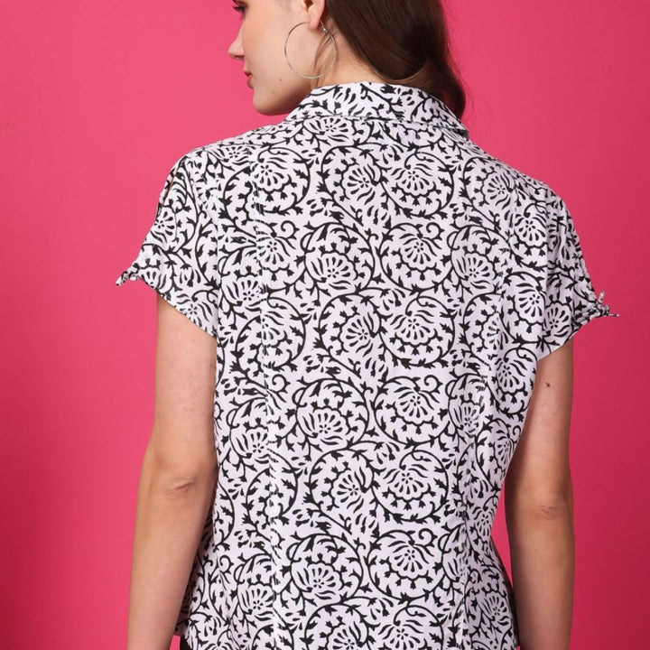 Indha Block Printed Black &amp; White Rayon Casual Shirt Collar 1/4th Sleeves Formal Wear Shirt For Women's-XL