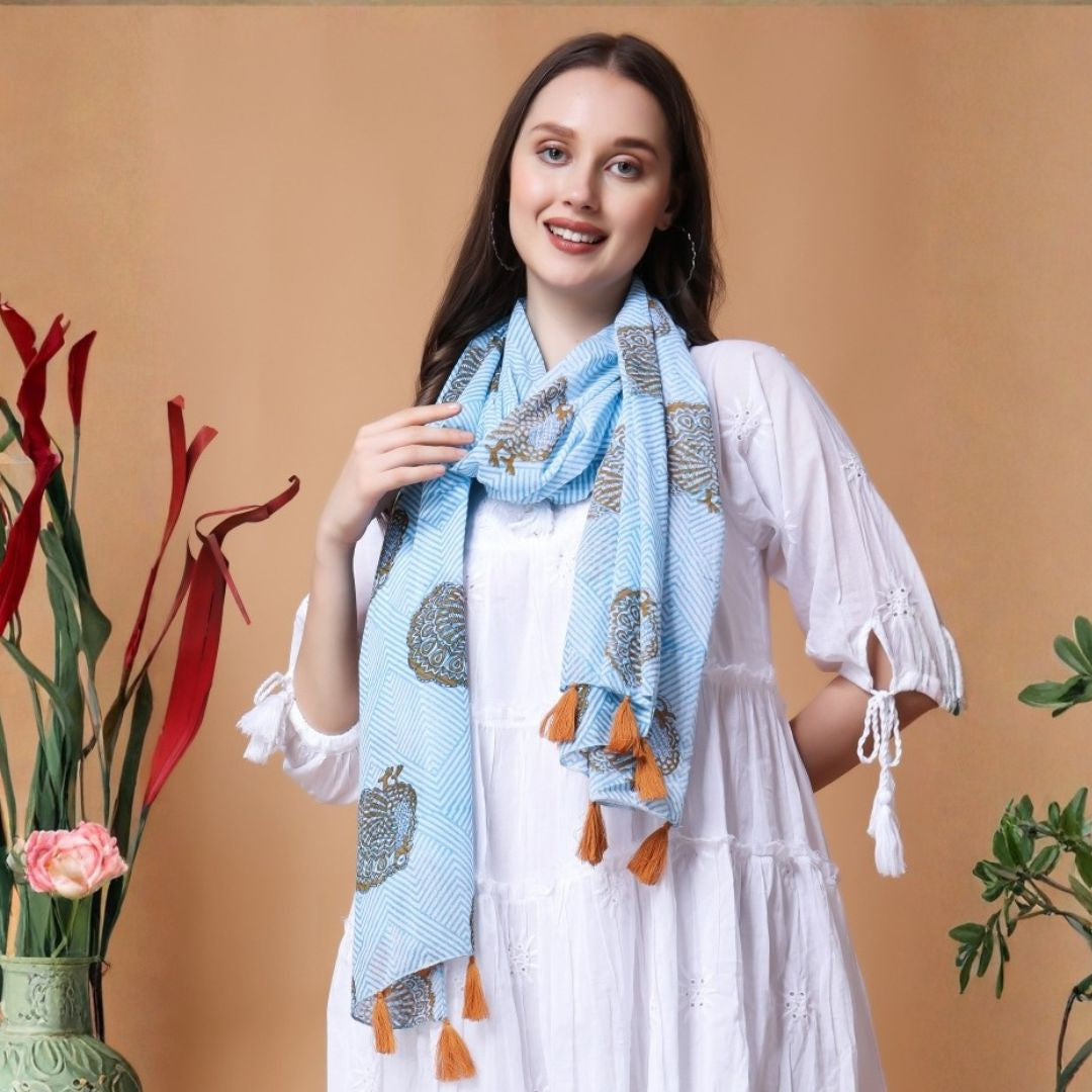 INDHA Stole | White Cotton Stole | Hand Block Printed Blue Geometric Design Pattern And Brown Peacock Design Motif | Hand Block Printed Stole | Stoles For Women | Ethnic Stoles | Gifting | Fashion Wear | Indo Western Stole | Fashion Accessory