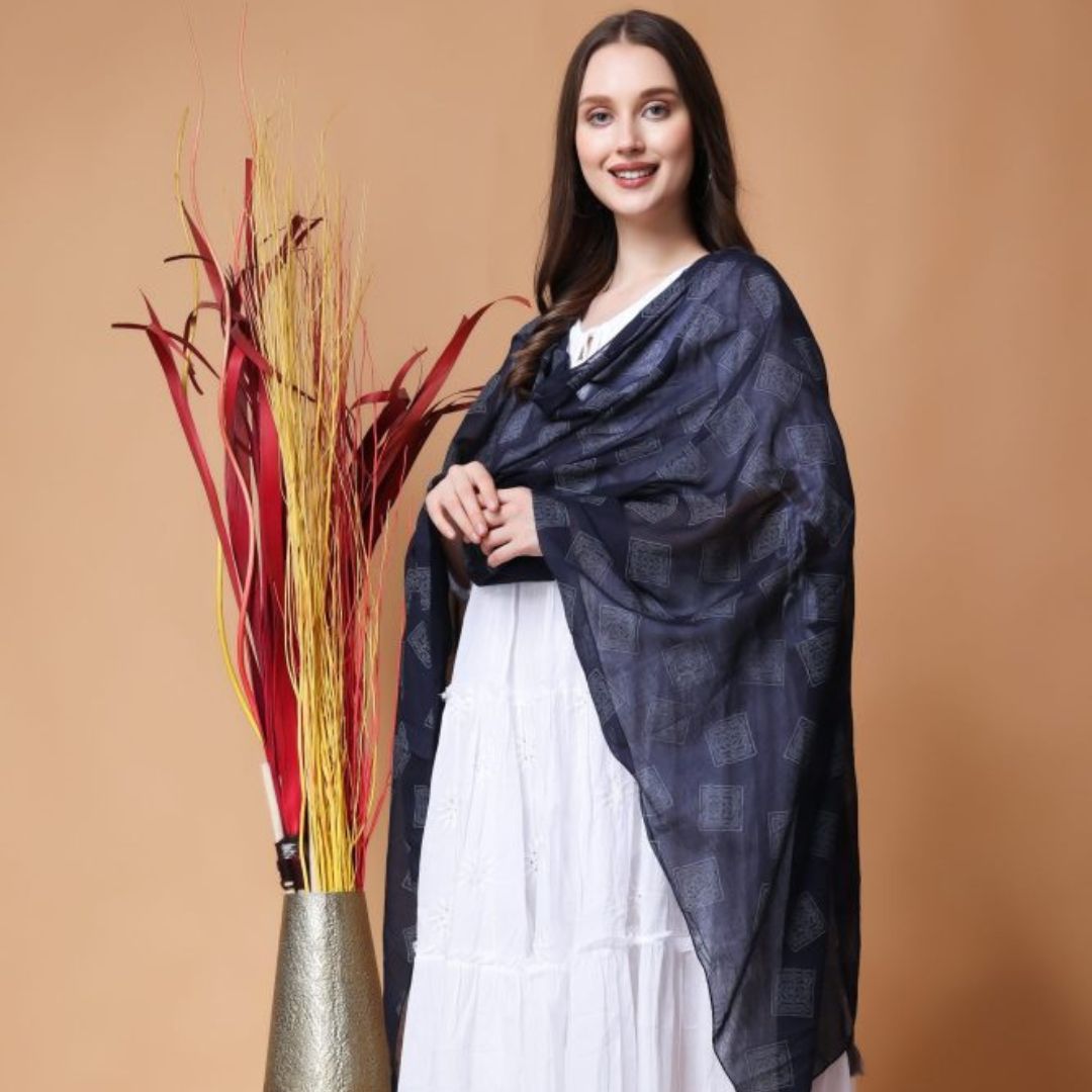 INDHA Block-Printed Cotton Stole Black | Hand Block Printed Grey Geometric Square Design Motif | Hand Block Printed Stole | Stoles For Women | Traditional Stoles | Gifting | Fashion Wear | Indo Western Stole | Fashion Accessory