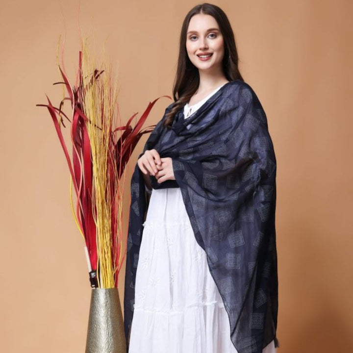 INDHA Block-Printed Cotton Stole Black | Hand Block Printed Grey Geometric Square Design Motif | Hand Block Printed Stole | Stoles For Women | Traditional Stoles | Gifting | Fashion Wear | Indo Western Stole | Fashion Accessory