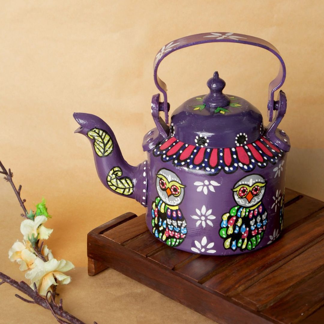 INDHA Hand Painted Owl Motif Decorative Purple Kettle | Home Décor