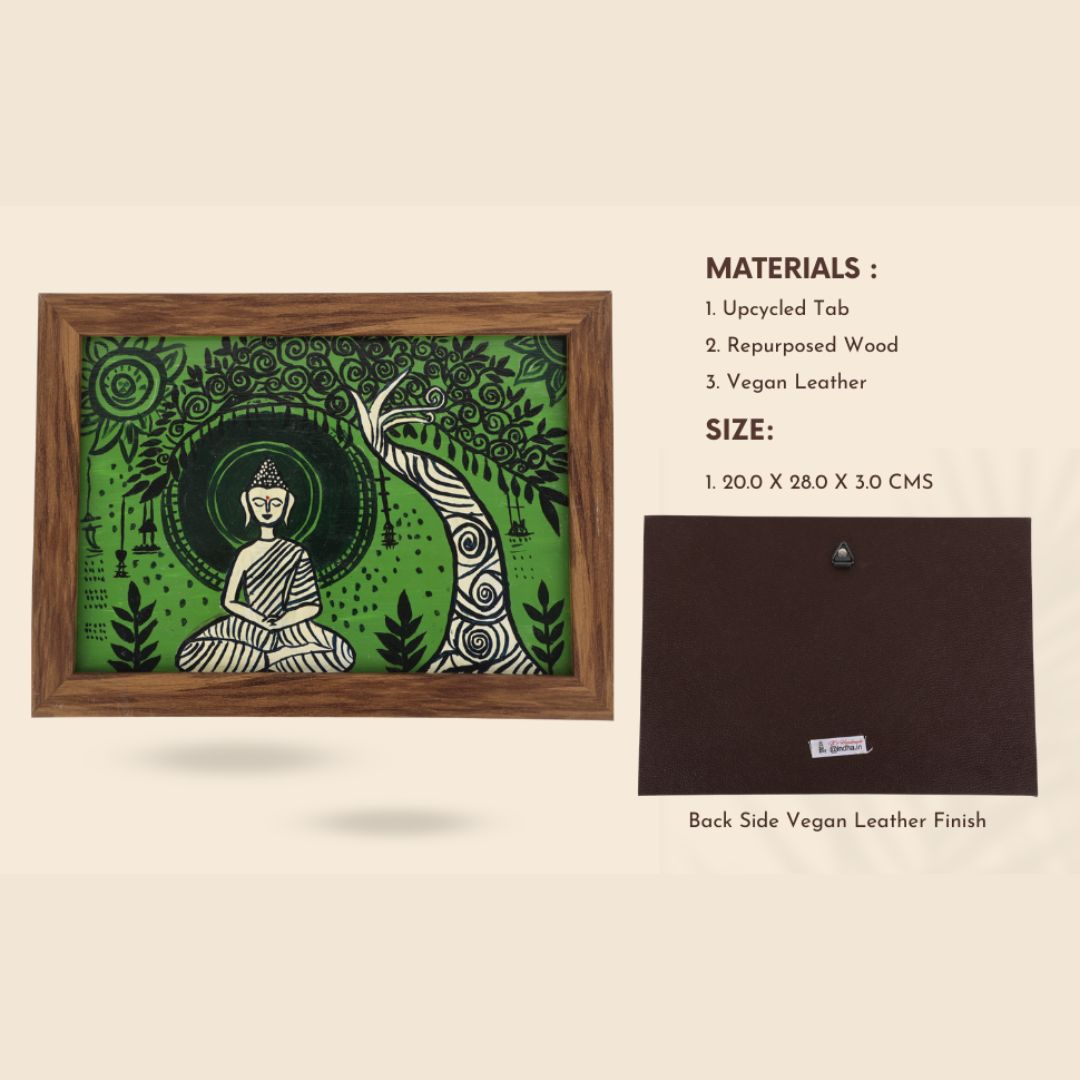Indha Hand-Painted Buddha Wall Art | Meditating Under Tree | Upcycled Tablet with Reclaimed Wood Frame &amp; Vegan Leather Back | Eco-Friendly Spiritual Decor