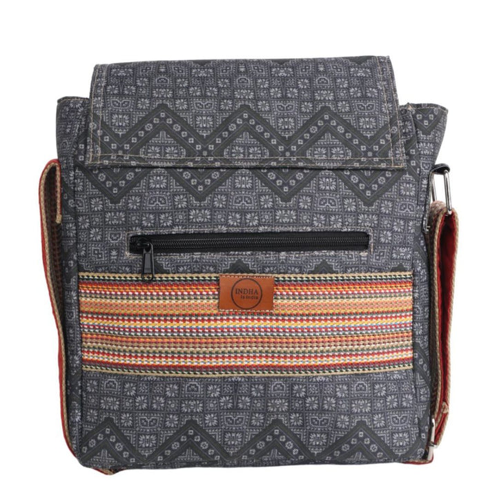 Indha Sling Bag | Handcrafted Sling Bag | Grey Cotton Canvas Sling Bag| Mild Blue Ethnic Geometric Pattern Design | Multicolor Cotton Niwar Strap |