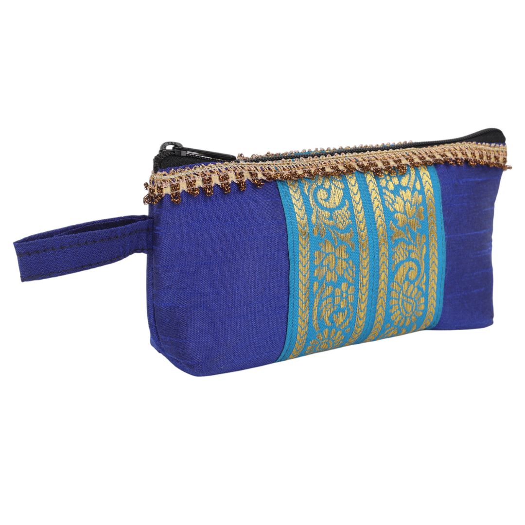 Indha Blue Dupion Silk Utility Pouch with Golden Brocade | Handcrafted Multipurpose Zipper Pouch | Elegant Eco-Friendly Gifting Option