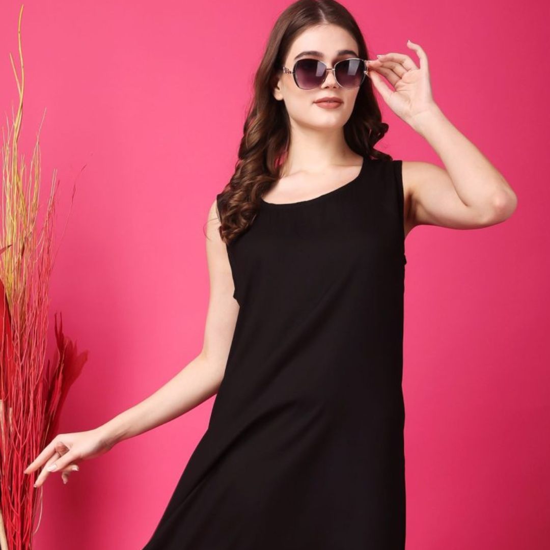 Indha Women Solid Flared Black Dress  | Long Dress | Cotton Dress -XL