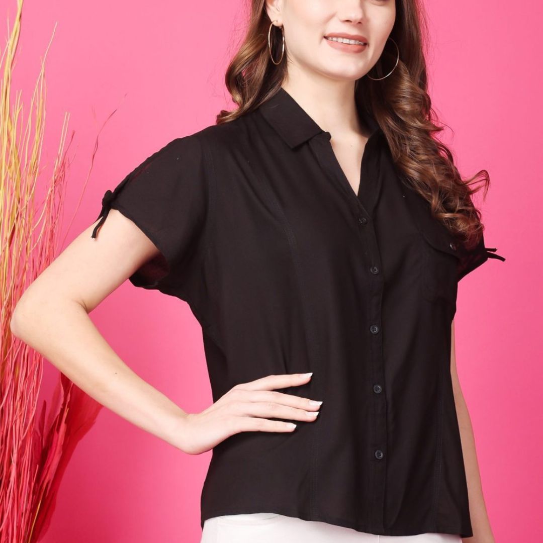 Indha Black Rayon Casual Shirt Collar 1/4th Sleeves Formal Wear Shirt For Women's-XL