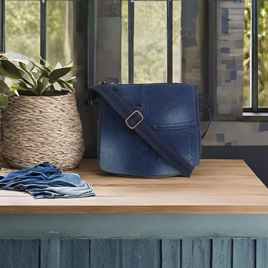Indha Denim Tote Bag | Blue Denim Patchwork Tote Bag | Recycled Denim Tote Bag | Crossbody Bag | Handcrafted Bags  | Blue Jean Denim Bag