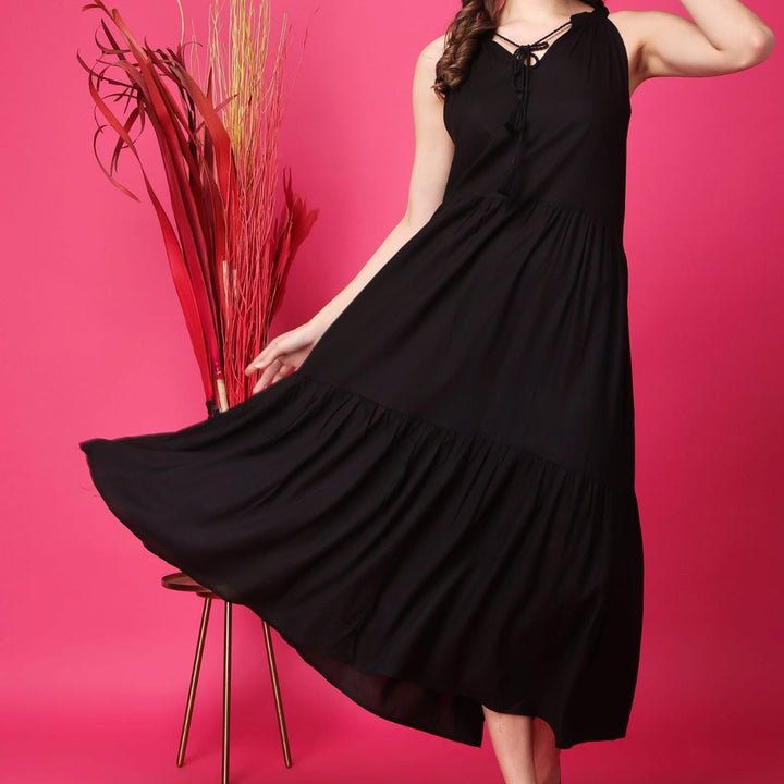 Indha Women Solid Flared Black Dress  | Long Dress | Rayon Dress -XL
