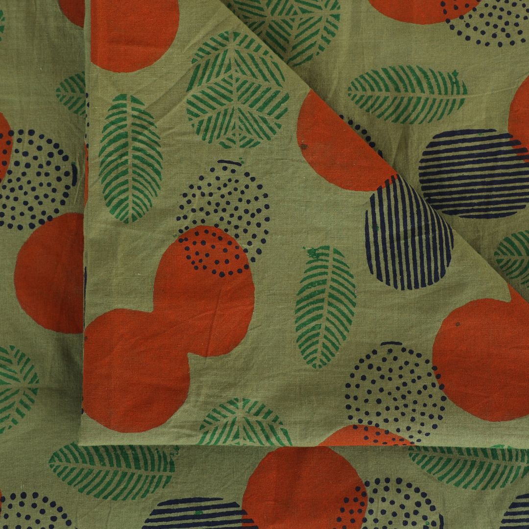 Abstract Art |Leaf Motif| Hand Block-Printed Green Cotton Fabric