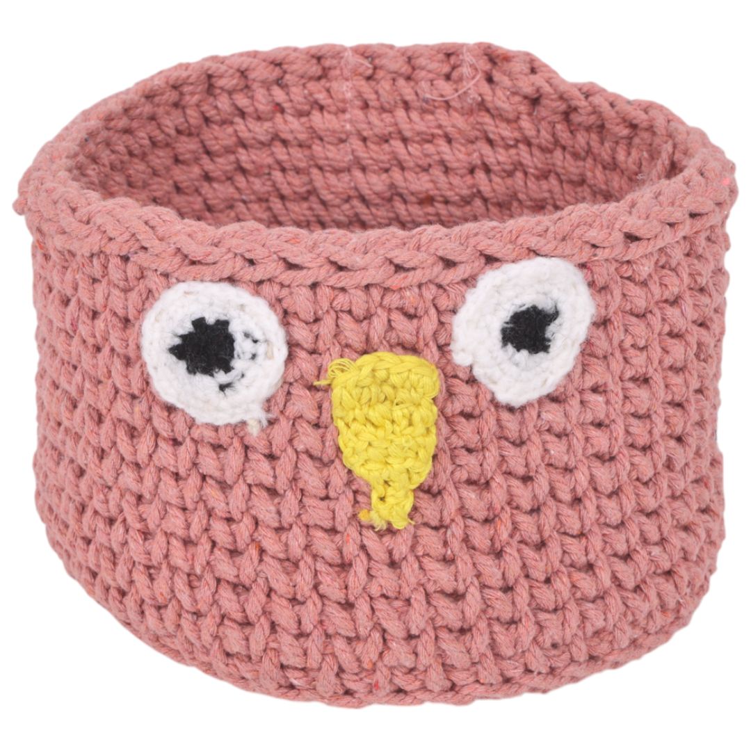 Indha Handcrafted Basket | Hand Knitted Basket | Cotton Rope Basket | Peach Cotton Basket | Owl Design Basket