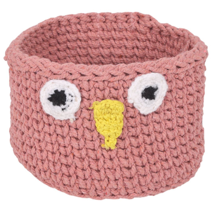 Indha Handcrafted Basket | Hand Knitted Basket | Cotton Rope Basket | Peach Cotton Basket | Owl Design Basket