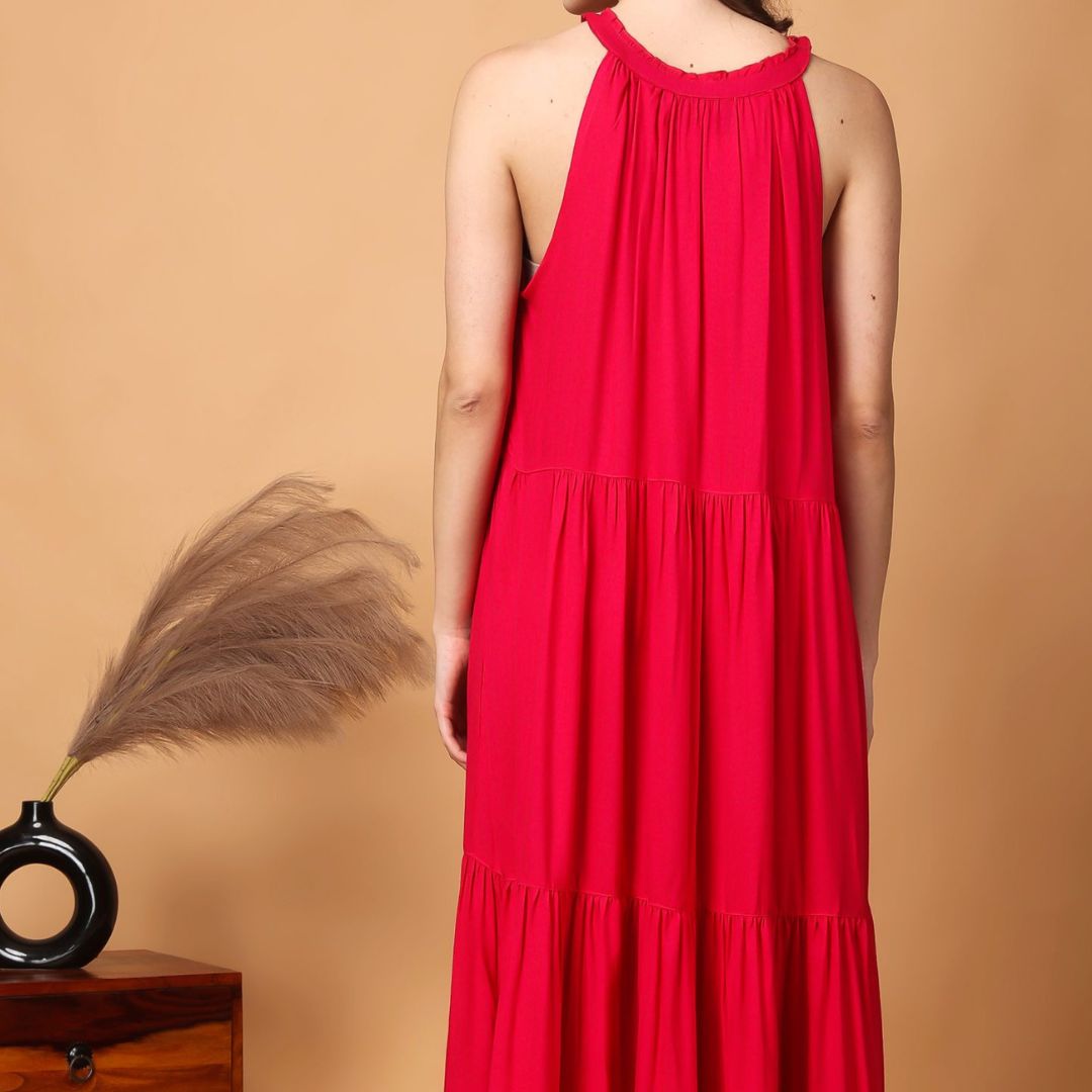 Indha Women Solid Flared Pink Dress  | Long Dress | Rayon Dress -XL