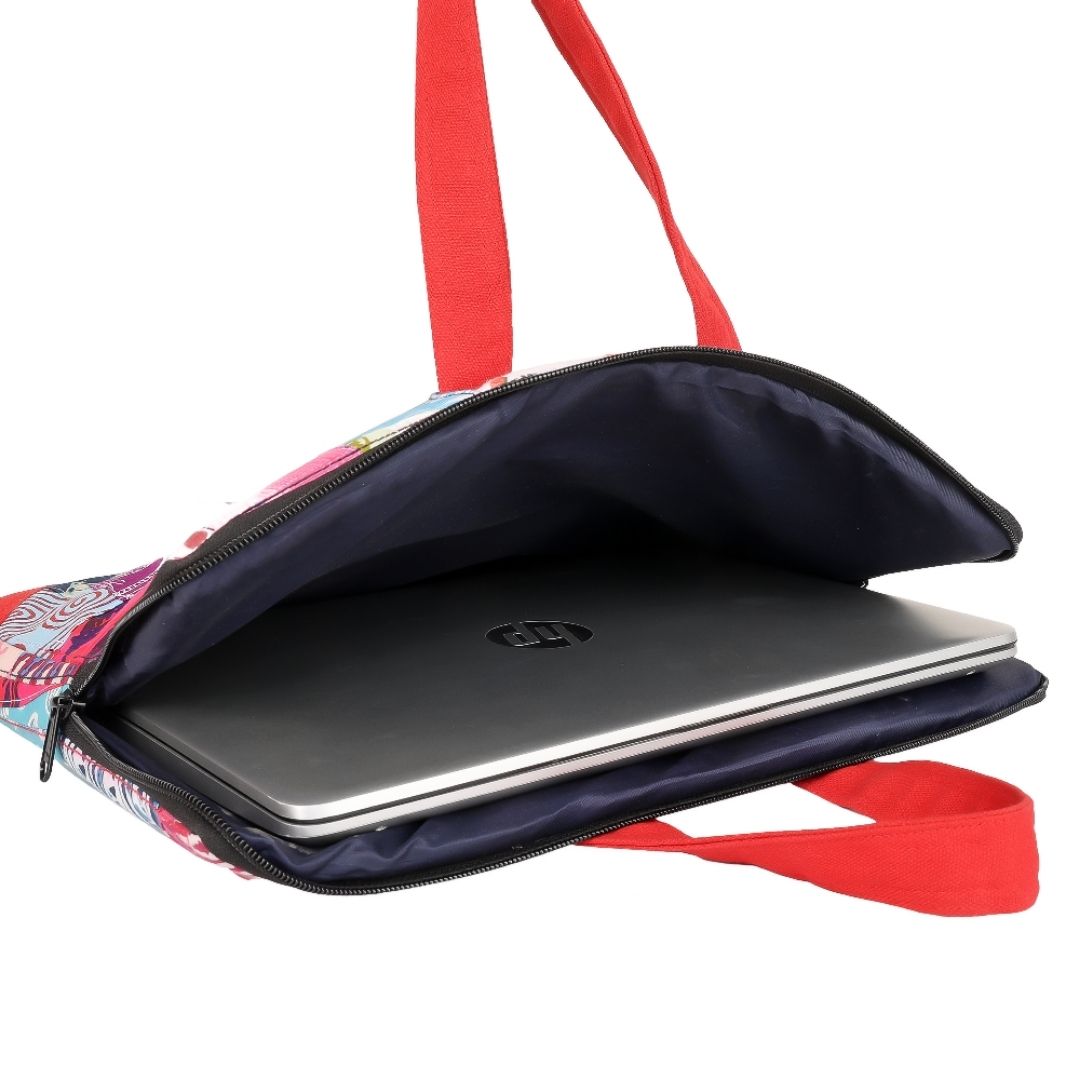 Indha Multicolor Upcycled Cotton Patchwork Laptop Sleeve – Hand Embroidered Motif, Eco-Friendly 11"x14.5" Padded Bag with YKK Zipper