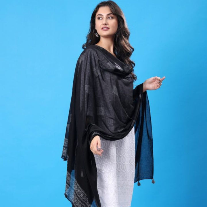 INDHA Stole | Black Cotton Stole | Hand Block Printed White Geometric Design Pattern | Hand Block Printed Stole | Stoles For Women | Ethnic Stoles | Gifting | Fashion Wear | Indo Western Stole | Fashion Accessory | Light Weight Voil Fabric