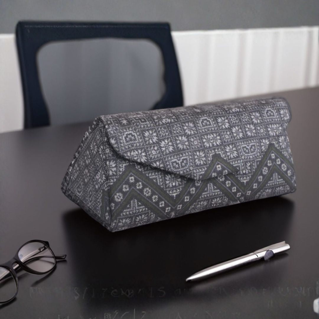 Indha Eyewear Case Black | Handcrafted Eyewear Case | Steel Grey Dupion Silk Eyewear Case | White and Blue Abstract Line Pattern Design Digitally Printed | Handmade Eyewear Case