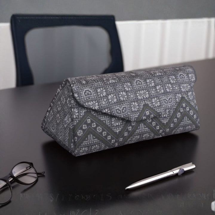 Indha Eyewear Case Black | Handcrafted Eyewear Case | Steel Grey Dupion Silk Eyewear Case | White and Blue Abstract Line Pattern Design Digitally Printed | Handmade Eyewear Case