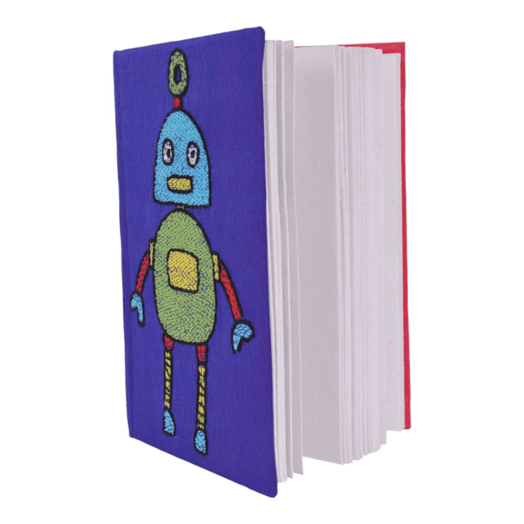 INDHA Handcrafted Recycle Paper diary | Eco Friendly Diary | Gifting | Corporate Gifting| Handmade Diary | Robot Embroidery Diary|Gift for Children|Inspiring Birthday Gift|Futuristic Diary|Silk Fabric