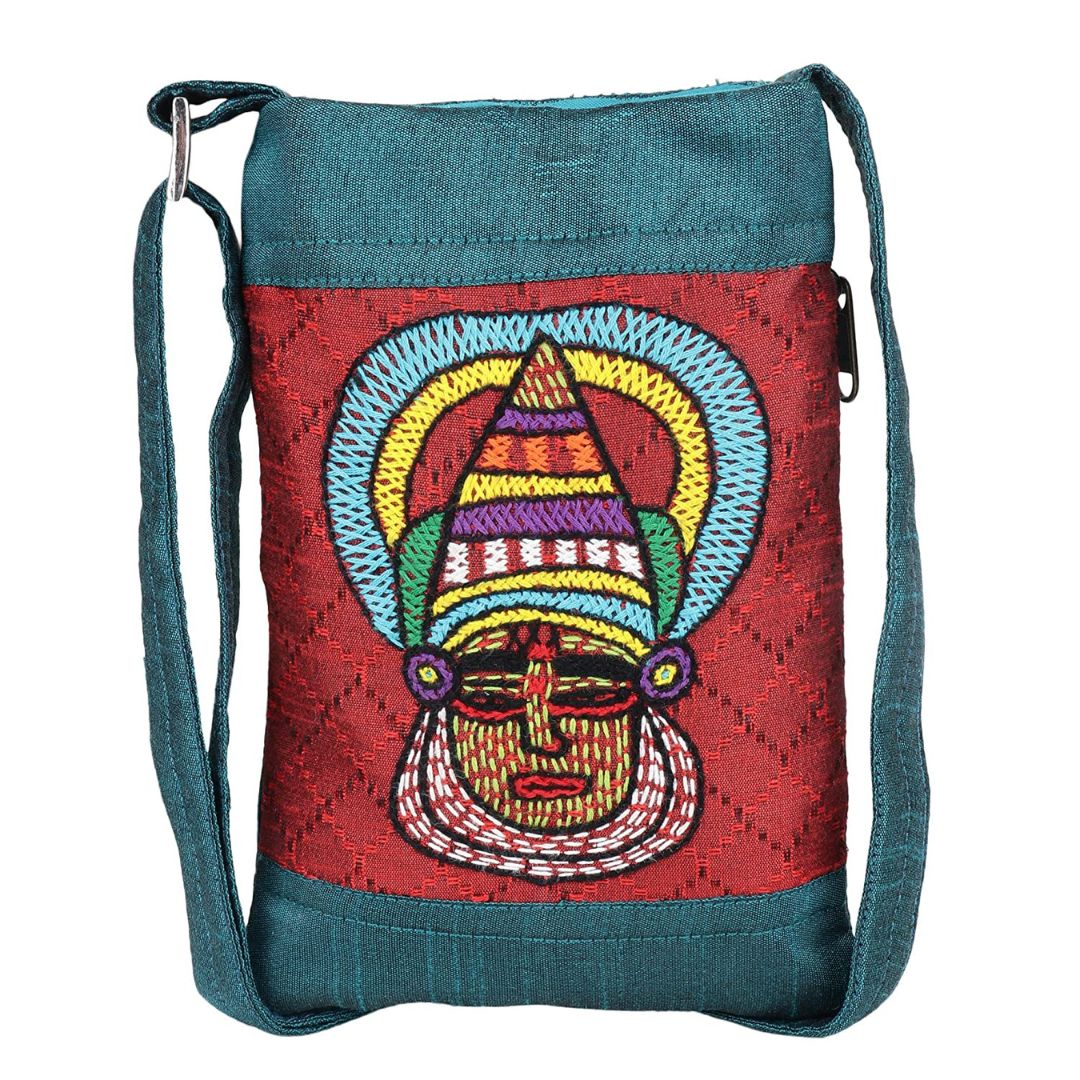 INDHA Women’s Dupion Silk Teal Green Colour Kathakali Face Hand Embroidered Mobile Pouch | Fashion Accessory | Travel Utility