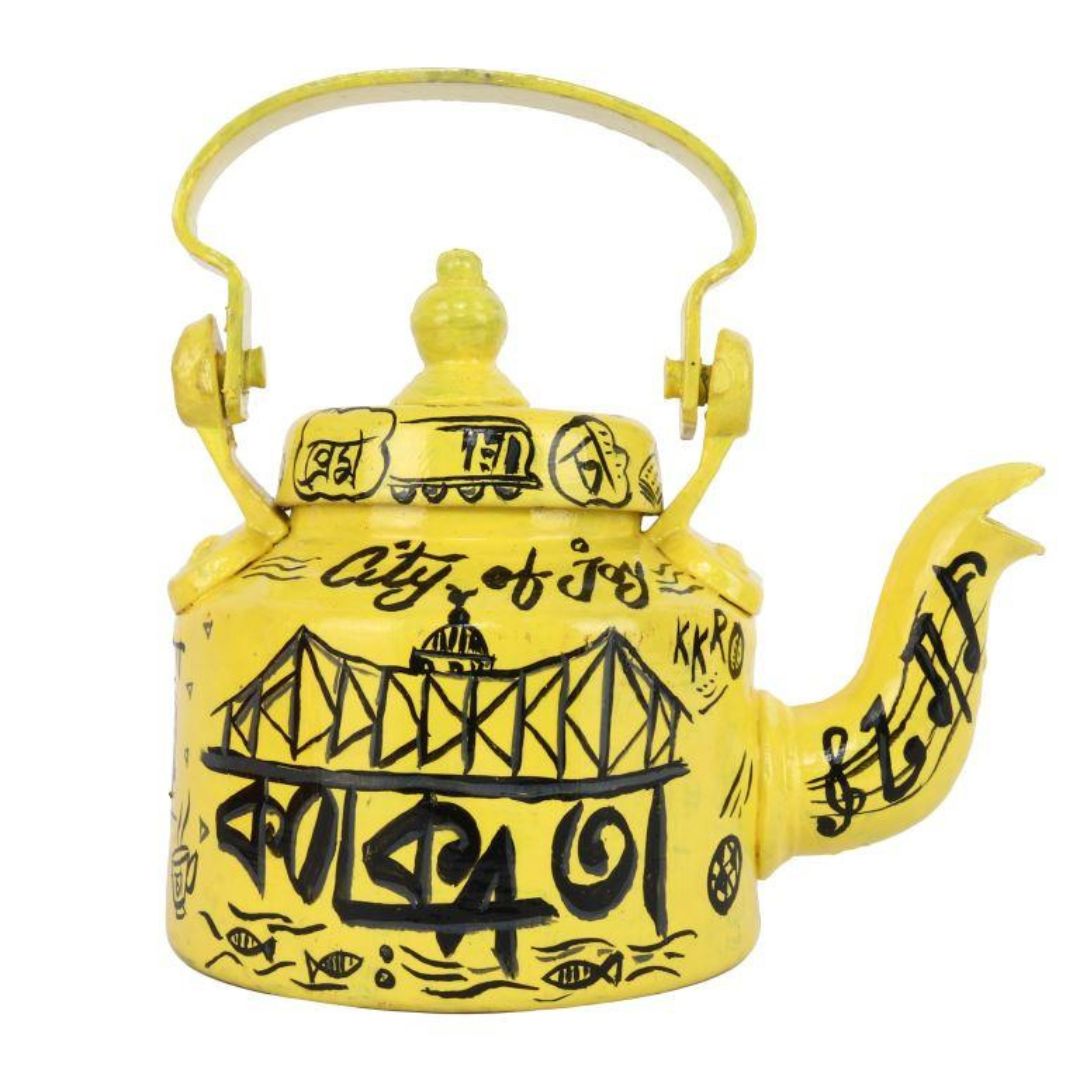 INDHA Kolkata City of Joy Yellow Colour Aluminum Hand-painted Tea/Coffee Kettle/Decorative Kettle