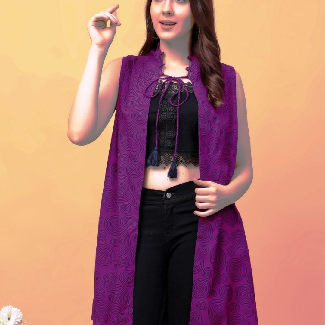 Indha Hand Block Printed Purple Shrug Jacket for Girls | Open Front Shrug For Girls | Swirl Motifs Print Purple Short Jacket &amp; Boleros For Girls