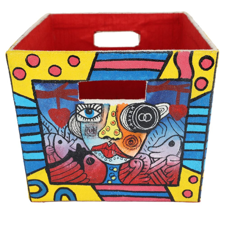 INDHA Hand-Painted Gift Basket with Multicoloured Abstract design | Cotton Canvas Gift &amp; Storage Basket | Handcrafted Basket | Festive Gift Basket | Gift Baskets | Hand painted Basket | Decoration Basket | Storage Box