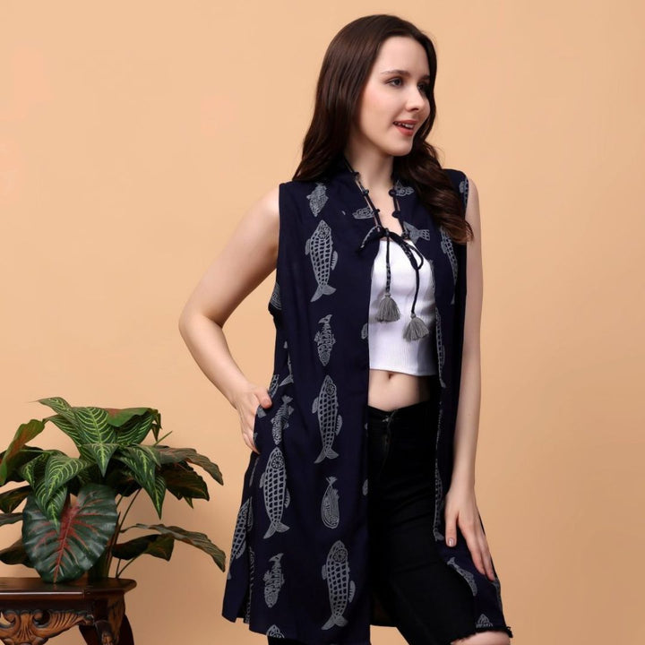 Indha Hand Block Printed Blue Shrug Jacket for Girls | Open Front Shrug For Girls | Fish Motifs Print Blue Short Jacket &amp; Boleros For Girls