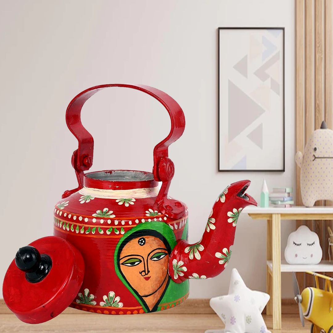 INDHA Decorative Aluminium Handpainted Kettle Motherhood Theme | Hand-painted Kettle Red | Exquisite Design | Gift Piece | Home Décor