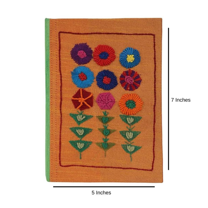 INDHA Handcrafted Recycle Paper diary | Eco Friendly Diary | Gifting | Sustainable Corporate Gifting| Handmade Diary | Abstract Embroidery Diary| Orange-Green Silk Fabric|Hand Embroidered