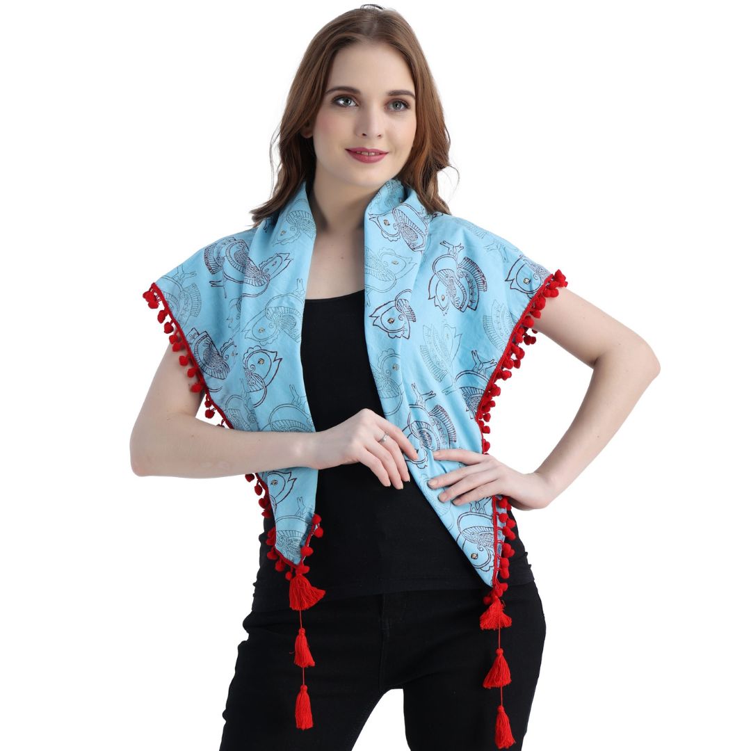 Birds Block-Printed Sky Blue Scarf for Girls & Woman