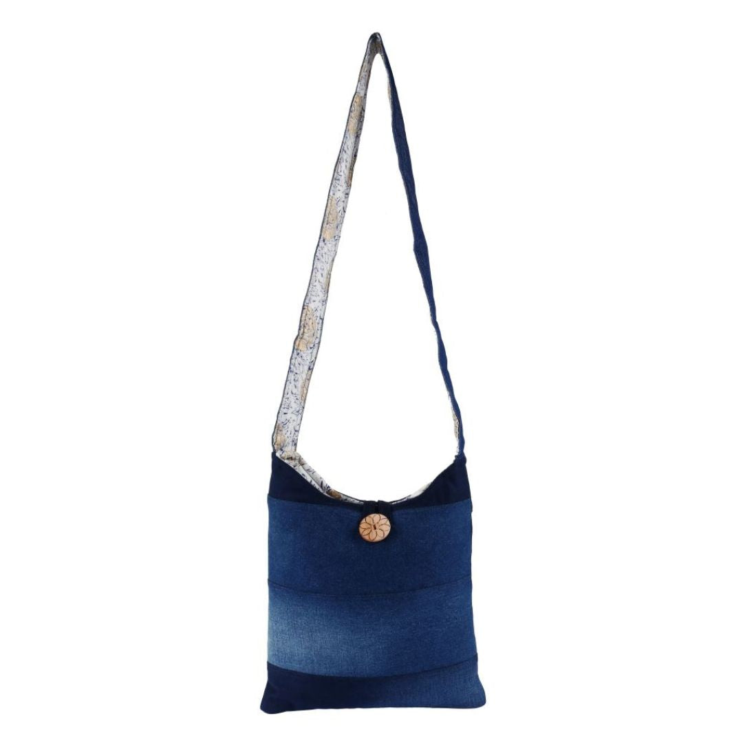 INDHA Denim patchwork with Block printed Lining Shoulder Sling Bag with Wooden Button
