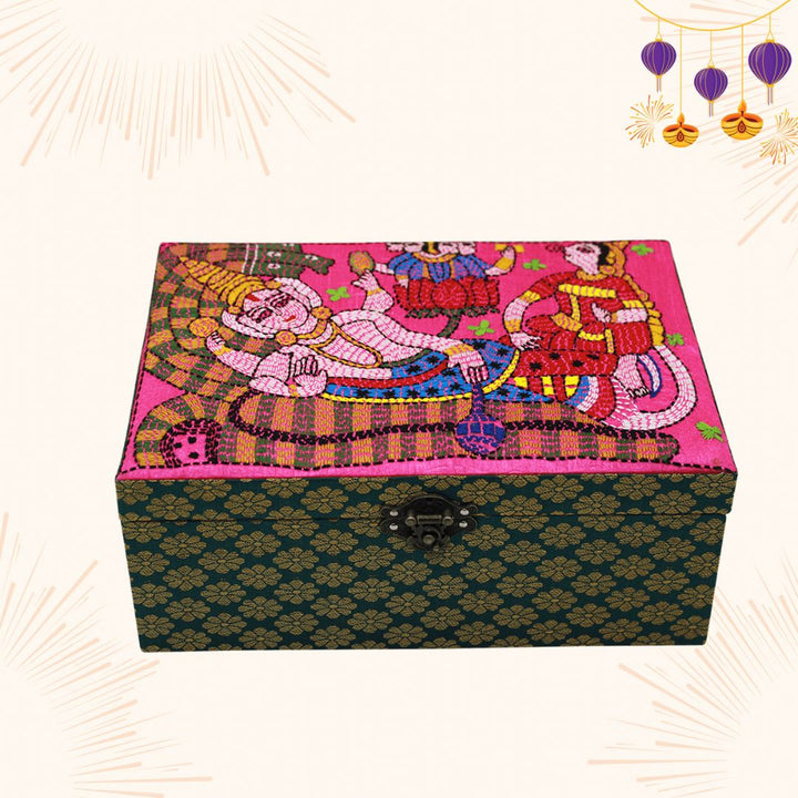 INDHA Brocade Green Colour Hand Embroidered Multiutility Gift Box/ Storage Box/ Jewellery Box/Diwali Gift Box