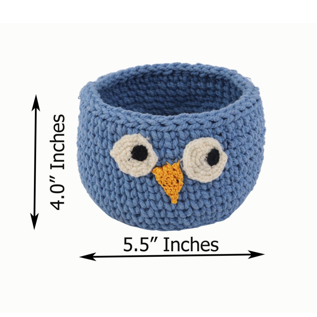 Indha Handcrafted Basket | Hand Knitted Basket | Cotton Rope Basket | Blue Cotton Basket | Owl Design Basket | Eco-Friendly | Storage Basket | Multi Purpose Basket |