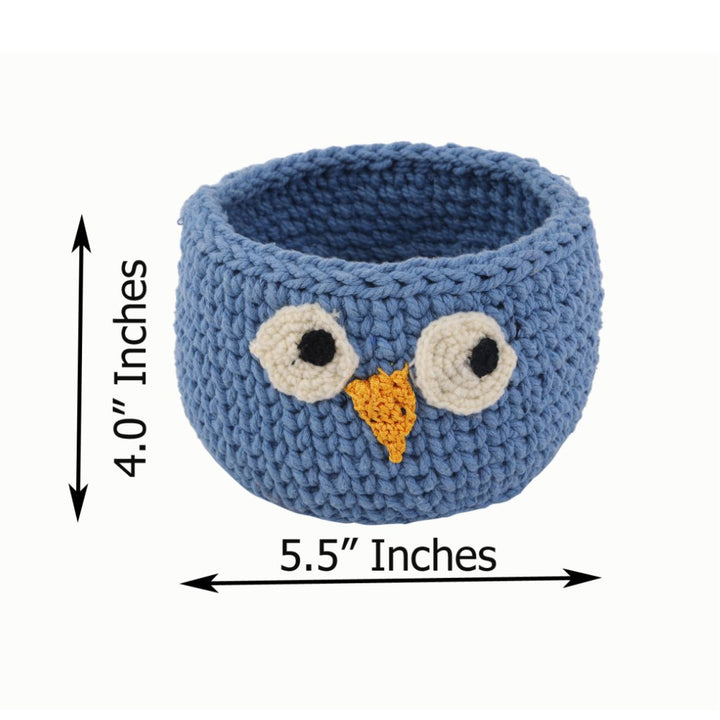 Indha Handcrafted Basket | Hand Knitted Basket | Cotton Rope Basket | Blue Cotton Basket | Owl Design Basket | Eco-Friendly | Storage Basket | Multi Purpose Basket |