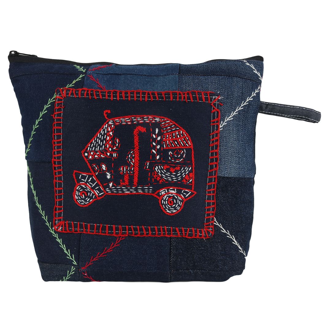 Blue Denim Patchwork with Red & White Auto Rickshaw Design Hand Embroidered Utility Pouch | Accessory | Travel Utility | Travel Pouch
