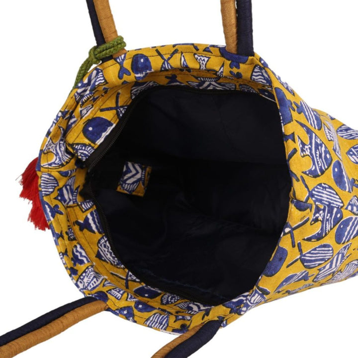 Indha Hand Block Printed Cotton Shoulder Bag | Yellow Fish Motif Handbag For women
