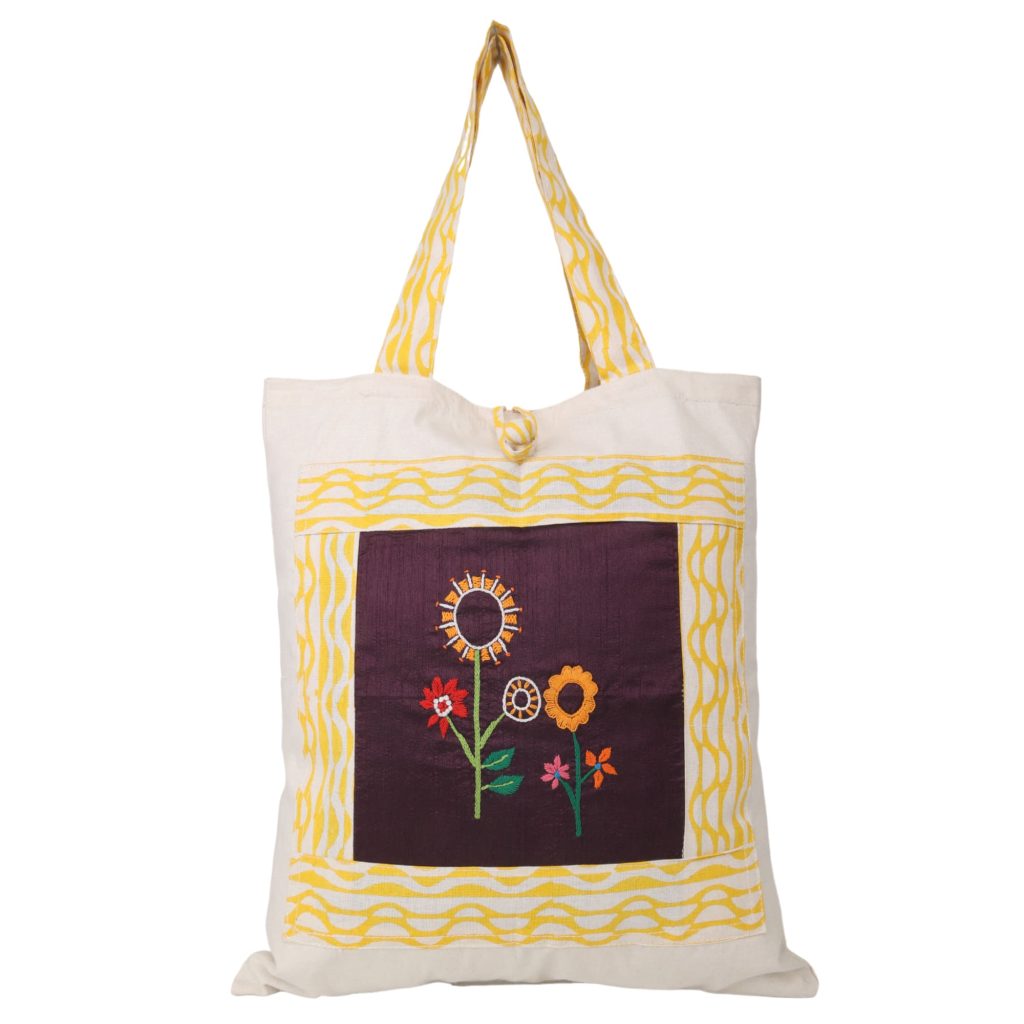 Indha Hand Embroidered Flower Motif Natural Cotton Tote Bag with Block Print Detailing