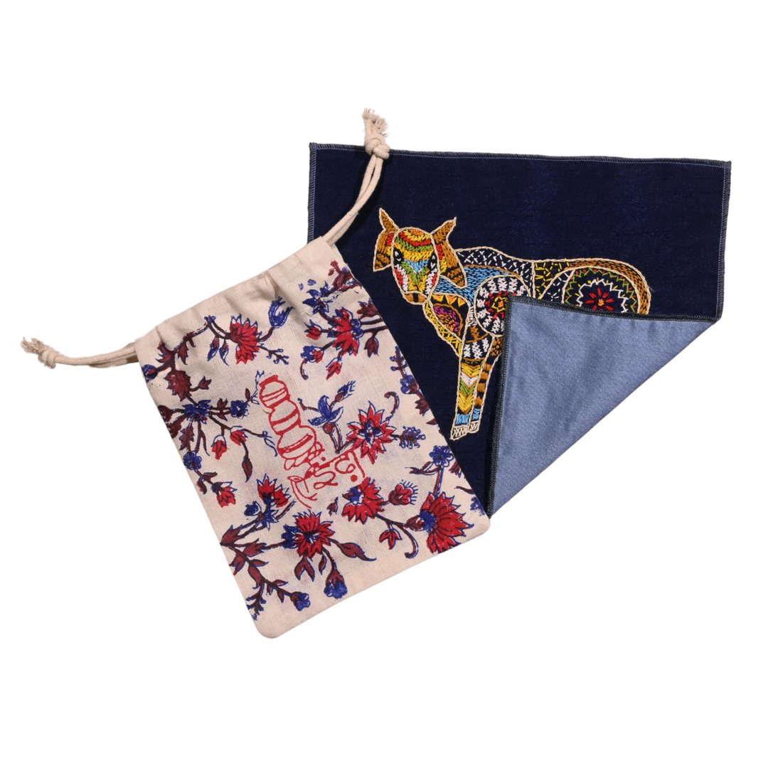 Indha Cow Hand Embroidery Panel – Artisan Folk Decor on Dupion Silk (Blue)