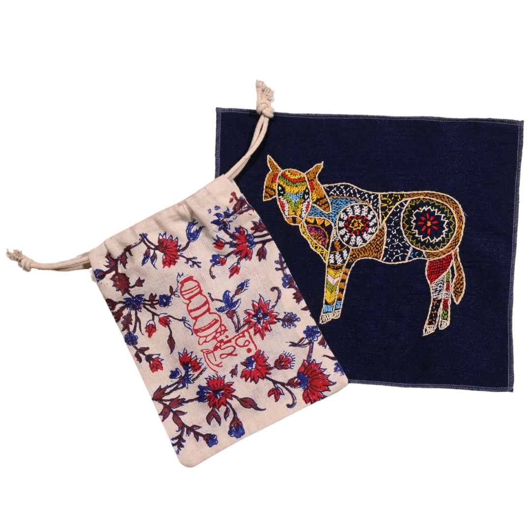 Indha Cow Hand Embroidery Panel – Artisan Folk Decor on Dupion Silk (Blue)