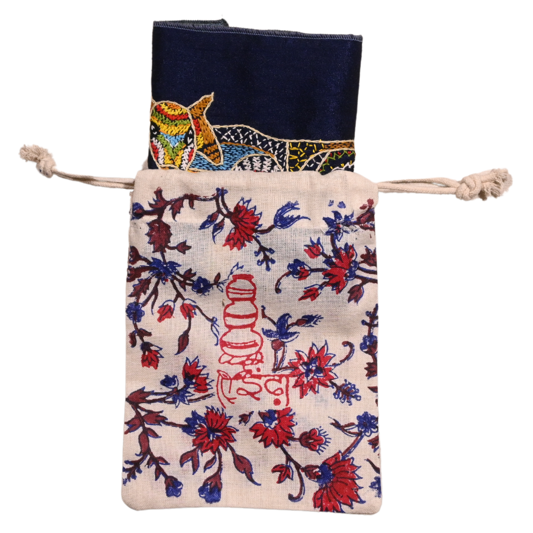 Indha Cow Hand Embroidery Panel – Artisan Folk Decor on Dupion Silk (Blue)