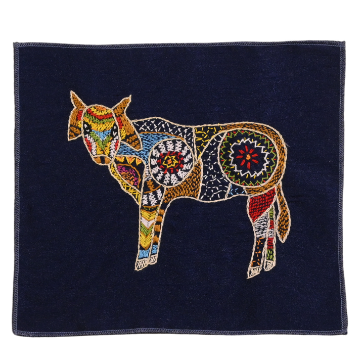 Indha Cow Hand Embroidery Panel – Artisan Folk Decor on Dupion Silk (Blue)