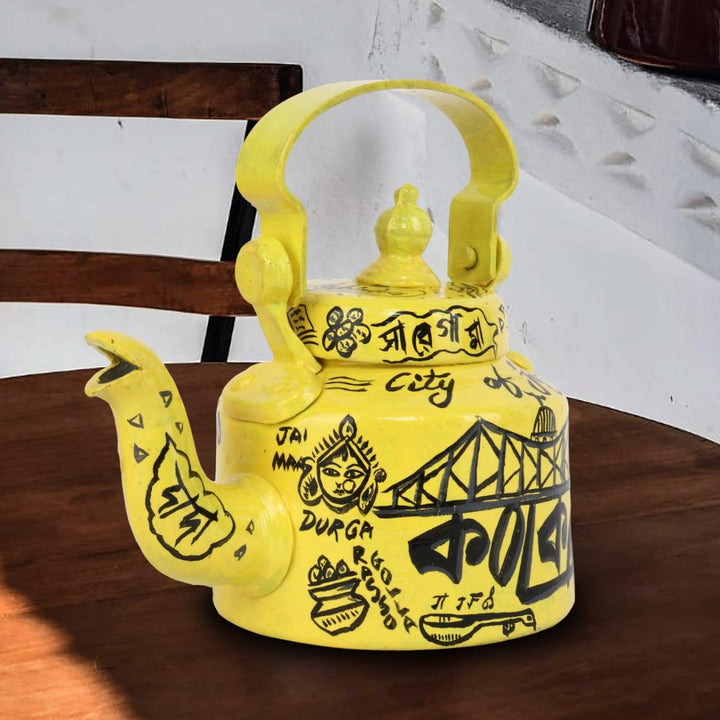 INDHA Kolkata City of Joy Yellow Colour Aluminum Hand-painted Tea/Coffee Kettle/Decorative Kettle