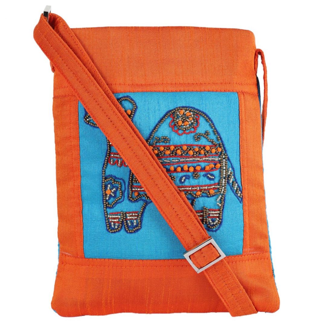 INDHA Camel Design Hand Embroidered Zardozi Work Orange & Sky Blue Sling Bag | Dupion Silk Sling Bag | Hand Crafted Sling Bag | Travel Utility | Cross Body Bag | Gifting | Fashion Bag | Fashion Accessory | Women Sling Bag