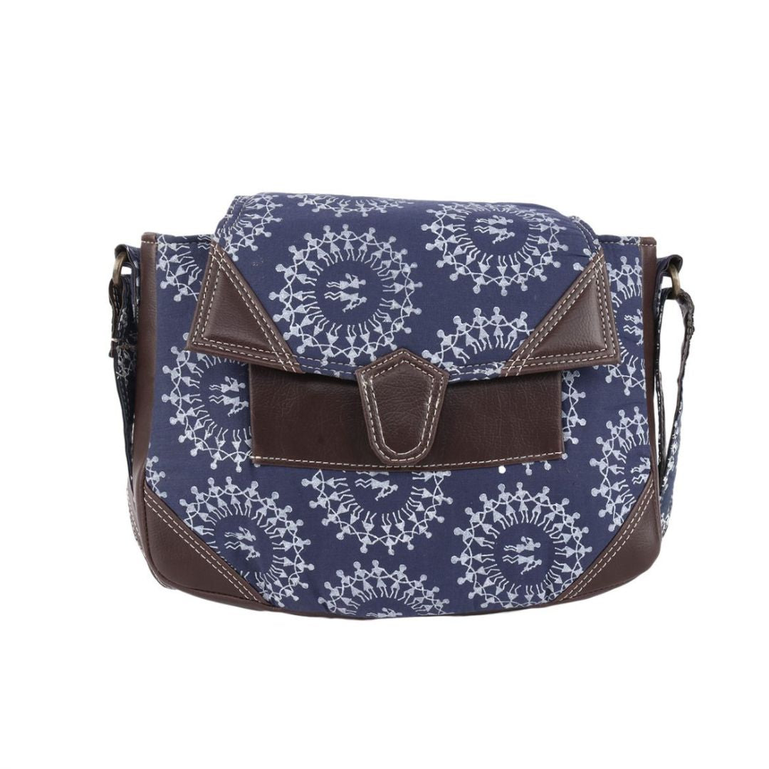 INDHA Cotton Hand Block-Printed Blue Colour Cross Body Sling Bag for Girls/Women