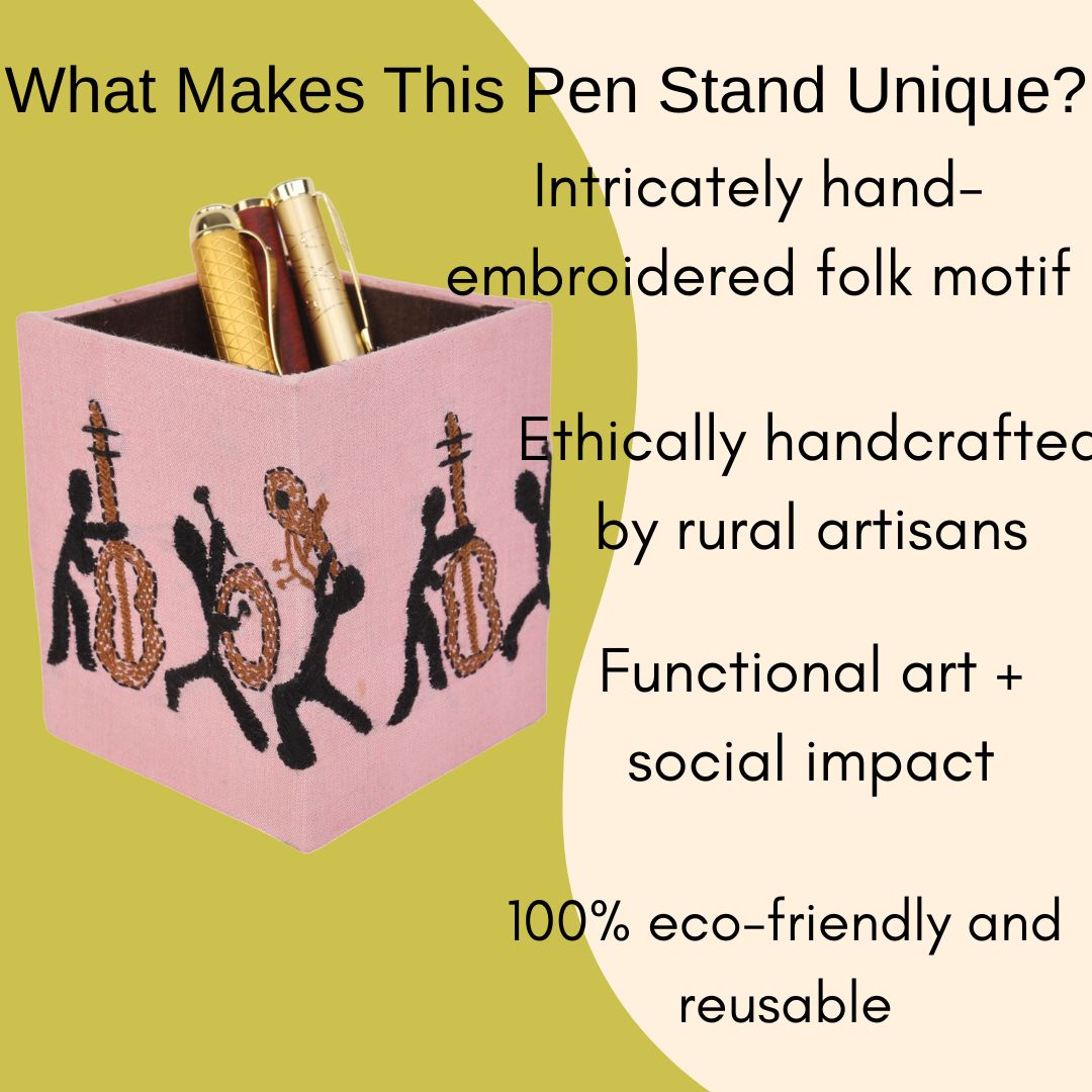 Indha Handcrafted Pen Stand – Embroidered Musician Motif | Eco-Friendly Desk Organizer