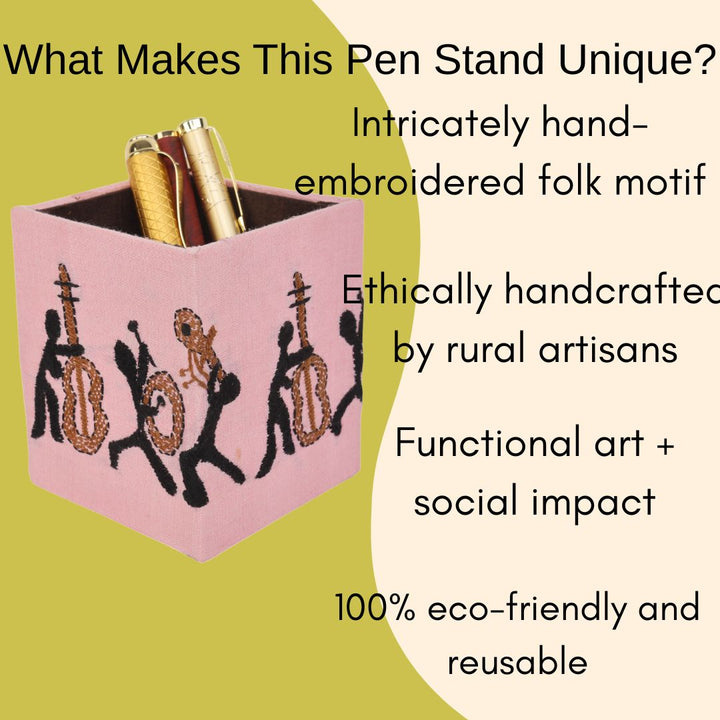 Indha Handcrafted Pen Stand – Embroidered Musician Motif | Eco-Friendly Desk Organizer