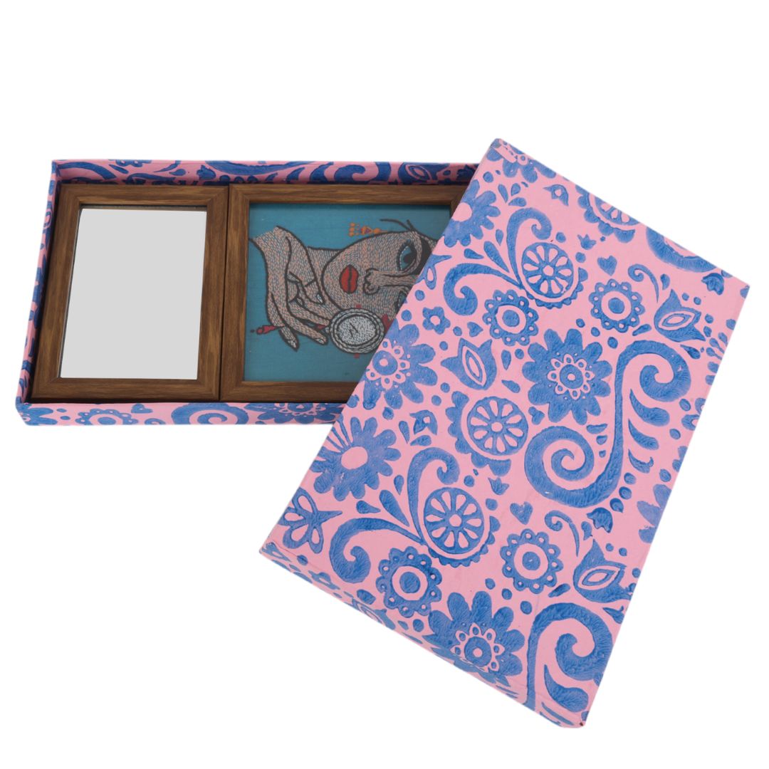 Indha Lady Face Embroidered Wall Art with Mirror | Handcrafted in Repurposed Wood | Exquisite Needlework | Sustainable Home Accent | Unique Gift for Her